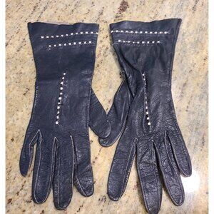 Vintage Size S 6 Black Leather Formal 10" Gloves Stitching Detail Geometric